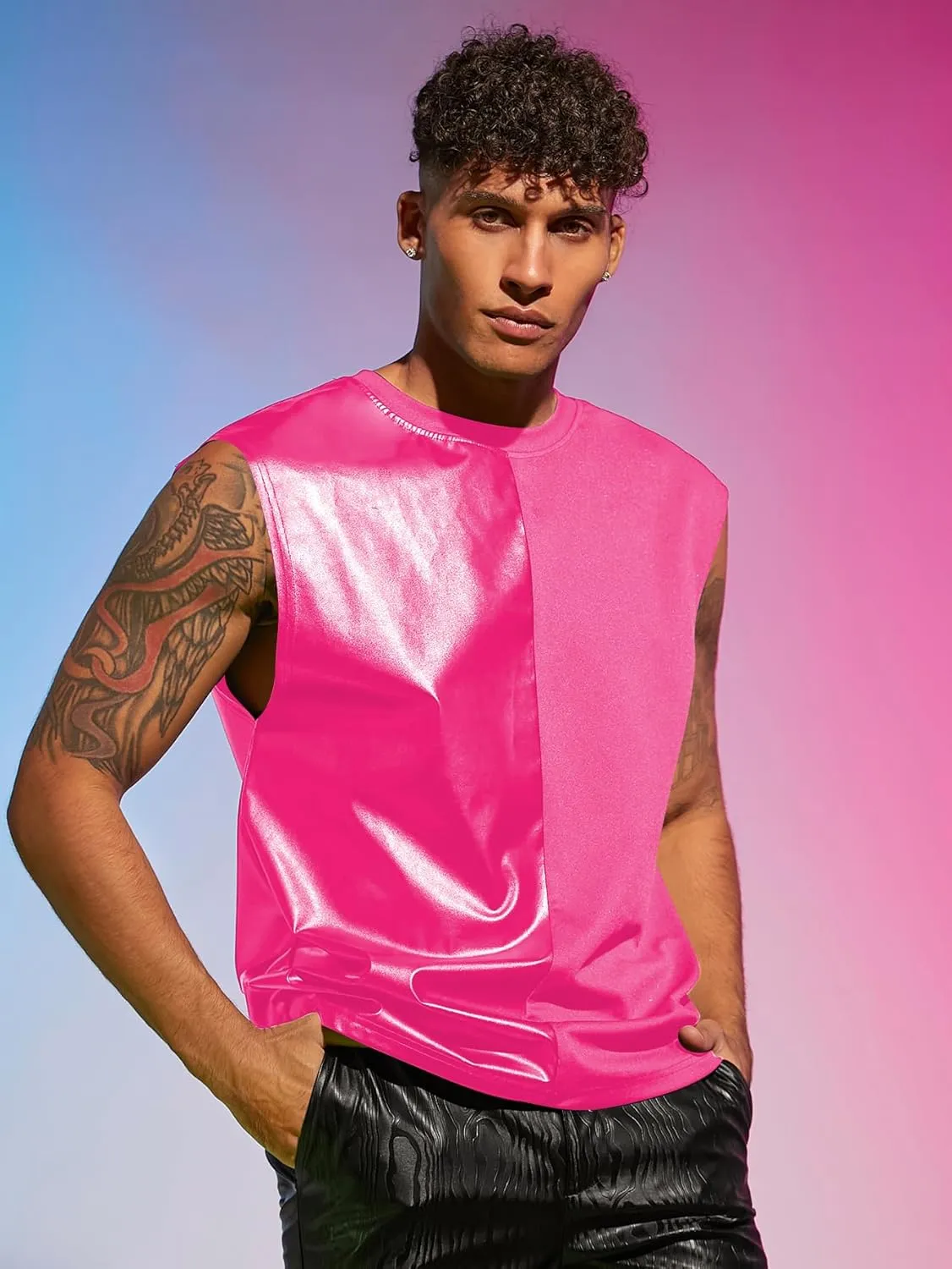 WDIRARA Men's Colorblock Two Tone PU Leather Round Neck Sleeveless Tank Tops