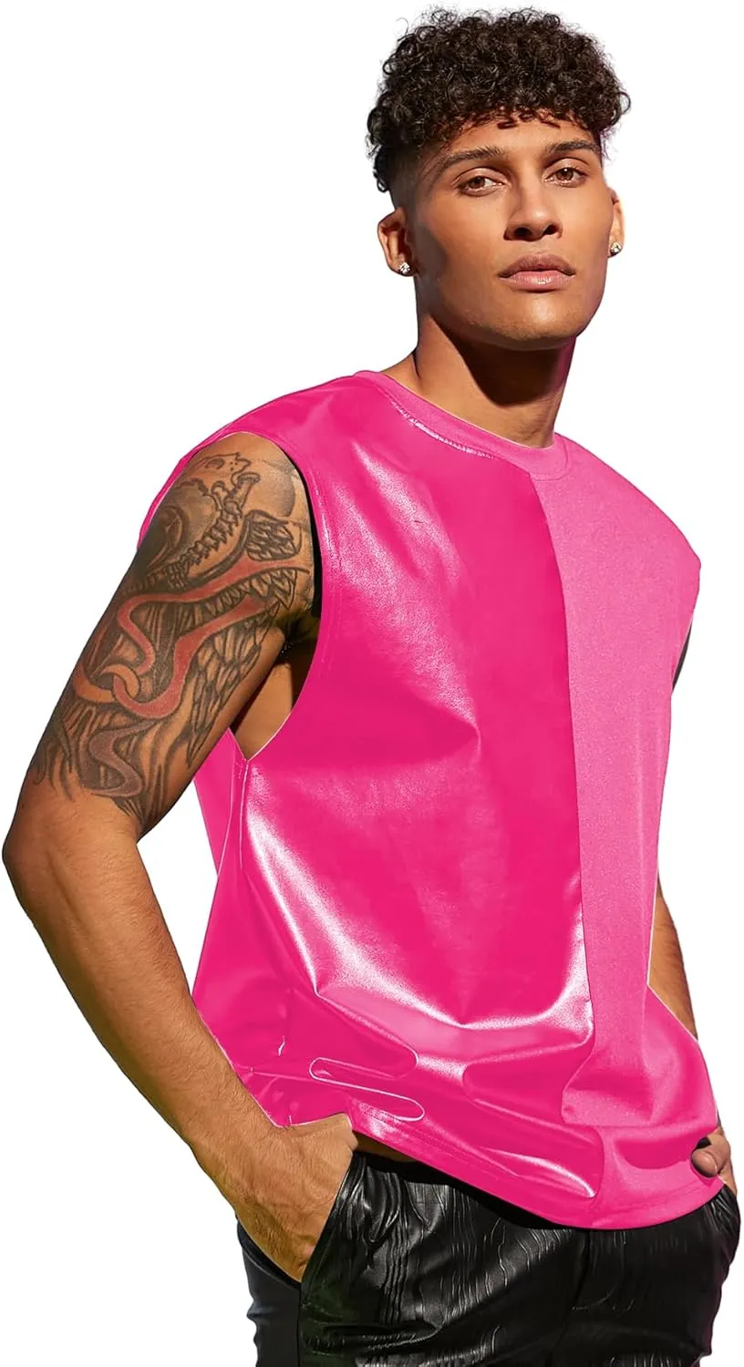 WDIRARA Men's Colorblock Two Tone PU Leather Round Neck Sleeveless Tank Tops