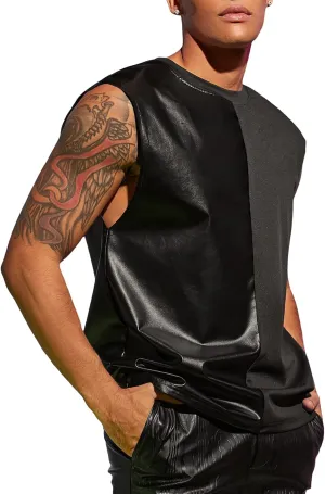 WDIRARA Men's Colorblock Two Tone PU Leather Round Neck Sleeveless Tank Tops