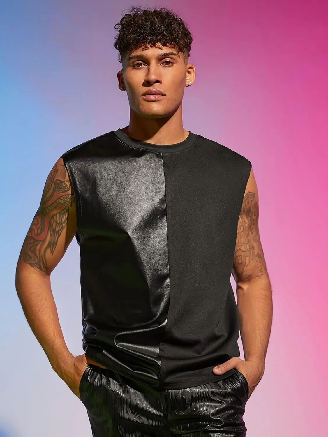 WDIRARA Men's Colorblock Two Tone PU Leather Round Neck Sleeveless Tank Tops