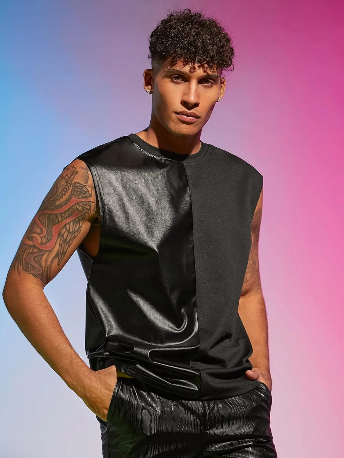 WDIRARA Men's Colorblock Two Tone PU Leather Round Neck Sleeveless Tank Tops