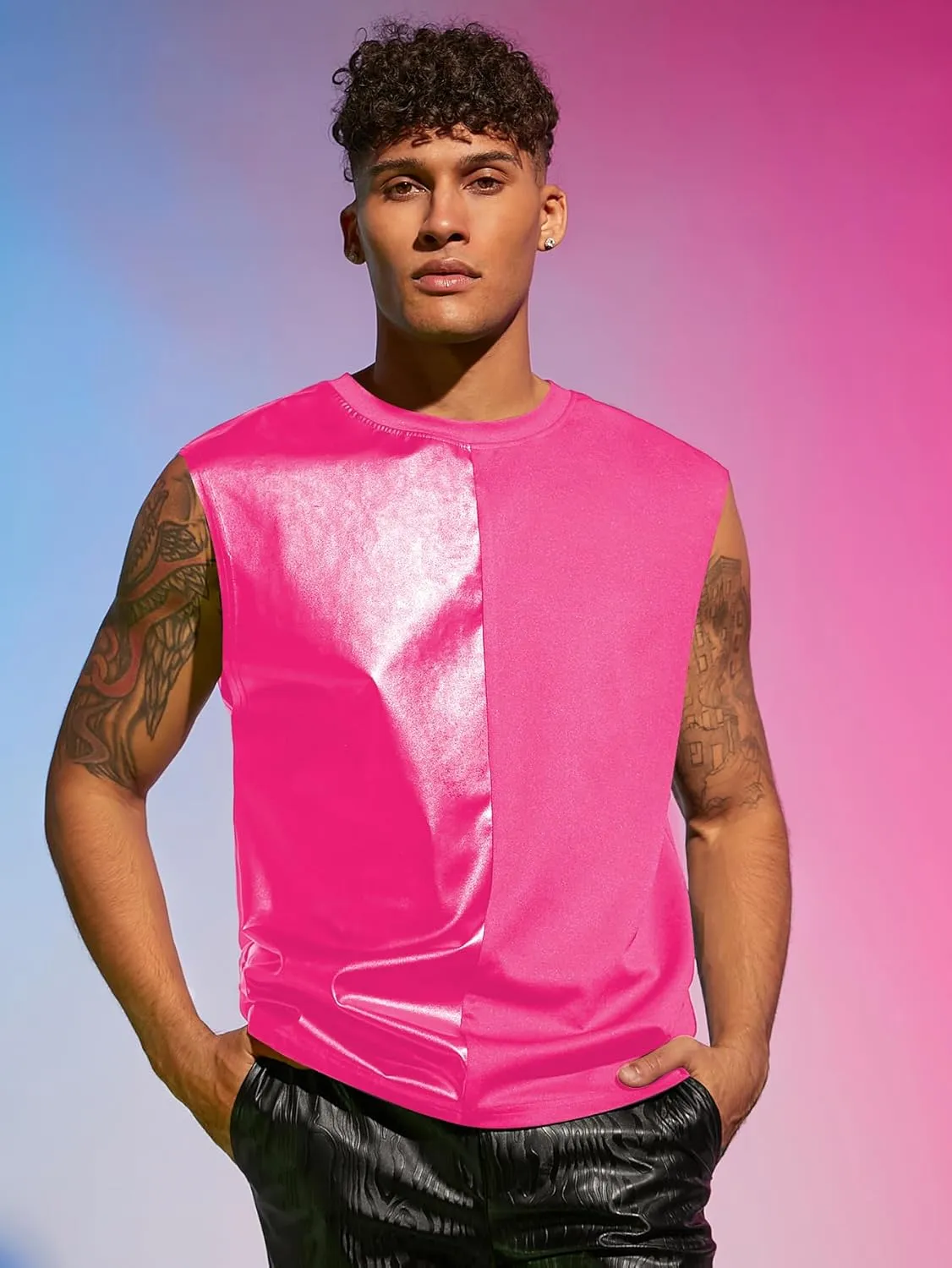 WDIRARA Men's Colorblock Two Tone PU Leather Round Neck Sleeveless Tank Tops