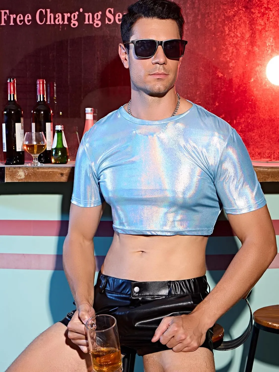 WDIRARA Men's Fishnet PU Leather Mesh T Shirts Round Neck Short Sleeve Crop Tee Top