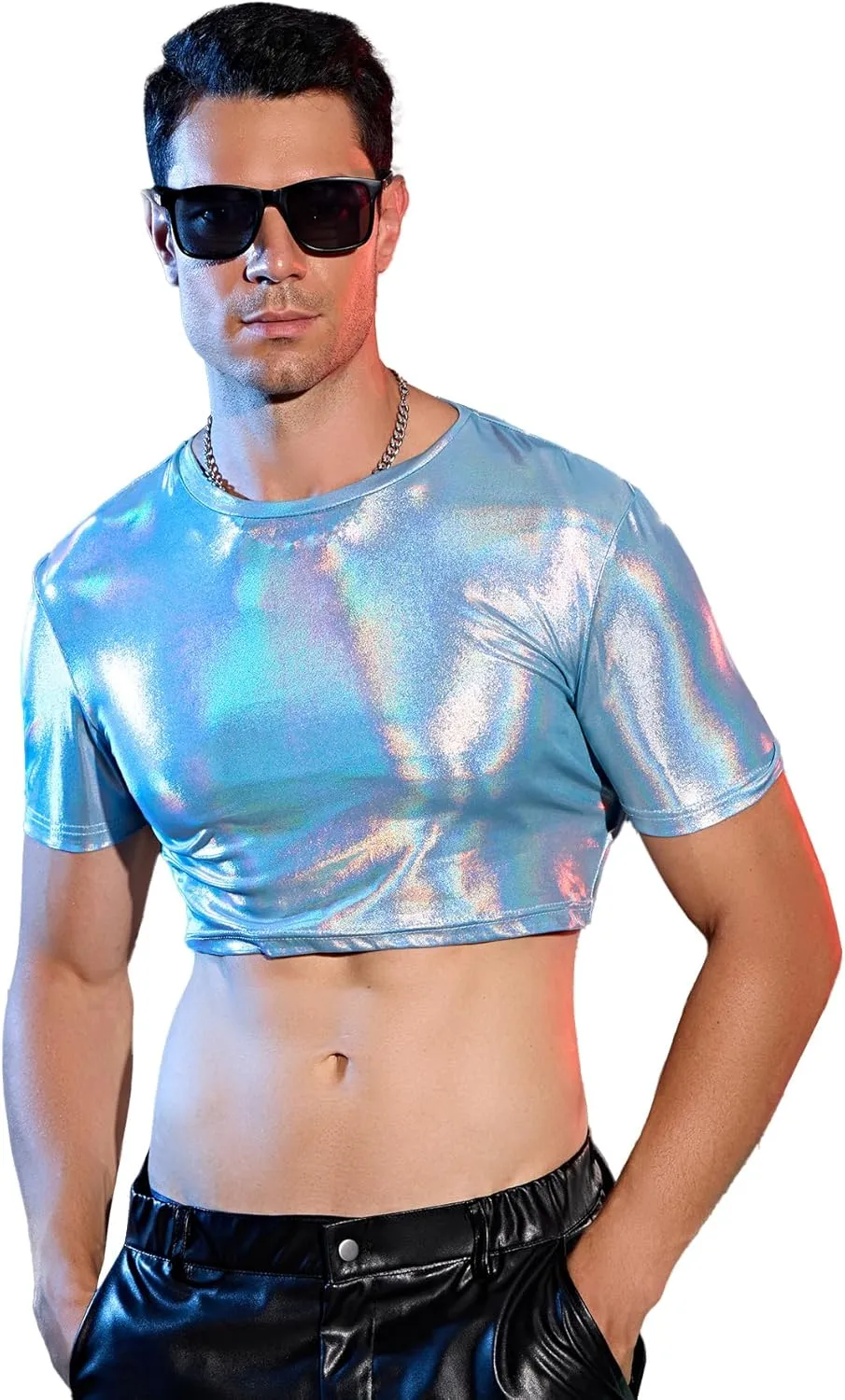 WDIRARA Men's Fishnet PU Leather Mesh T Shirts Round Neck Short Sleeve Crop Tee Top