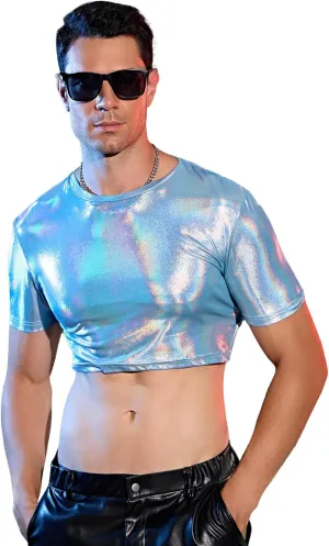WDIRARA Men's Fishnet PU Leather Mesh T Shirts Round Neck Short Sleeve Crop Tee Top