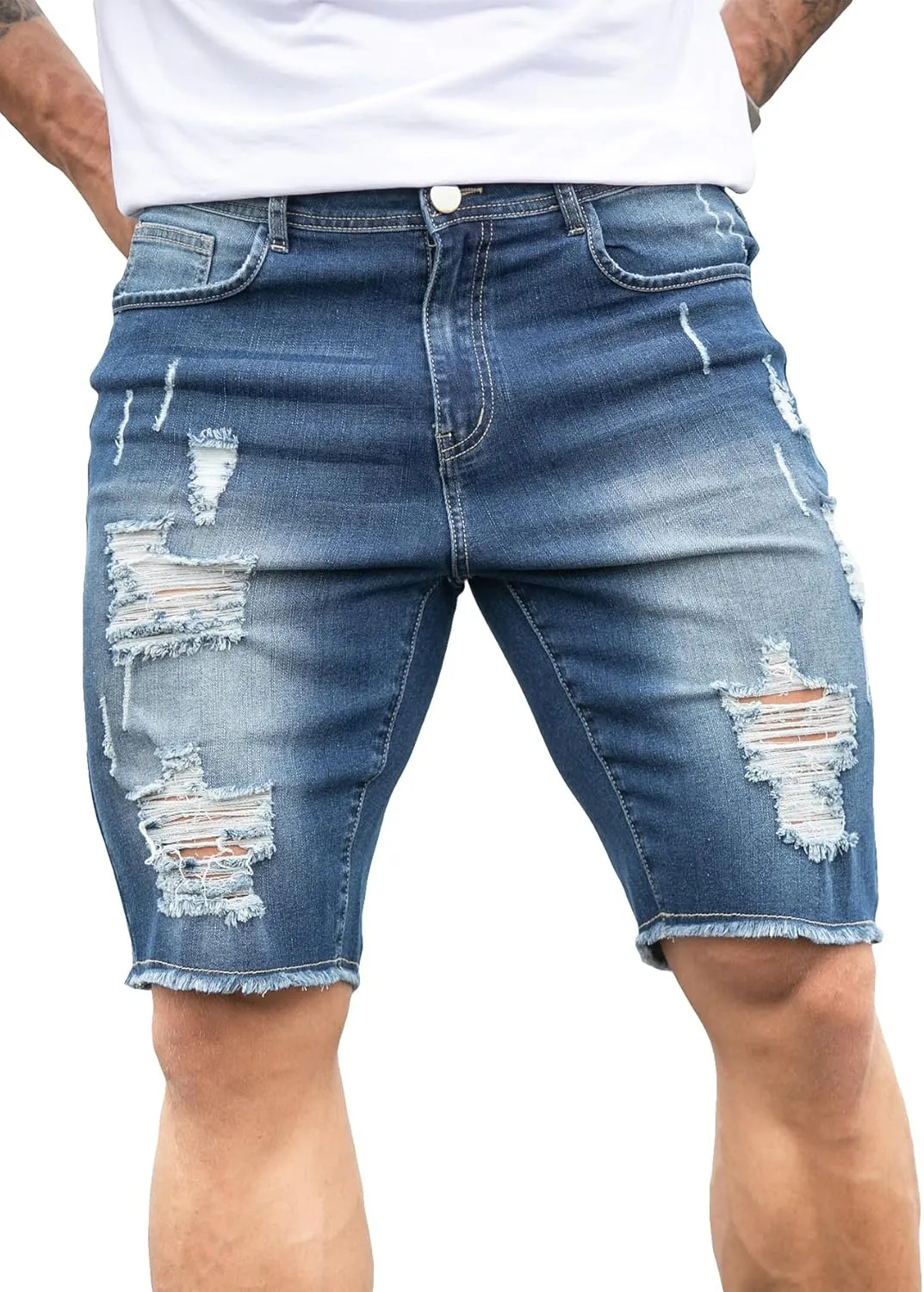WDIRARA Men's Ripped Denim Shorts Straight Leg Raw Hem Frayed Distressed Jean Shorts Pants