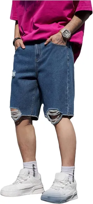 WDIRARA Men's Ripped Denim Shorts Straight Leg Raw Hem Frayed Distressed Jean Shorts Pants
