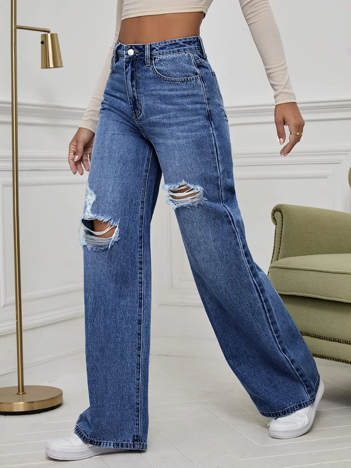 WDIRARA Women's High Waist Ripped Wide Leg Baggy Jeans Distressed Denim Pants