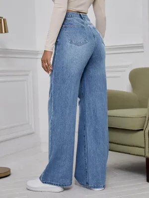 WDIRARA Women's High Waist Ripped Wide Leg Baggy Jeans Distressed Denim Pants