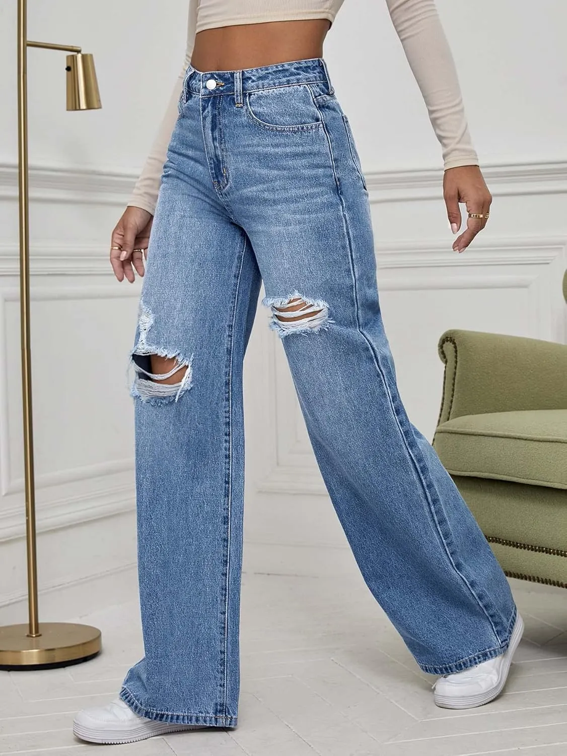 WDIRARA Women's High Waist Ripped Wide Leg Baggy Jeans Distressed Denim Pants