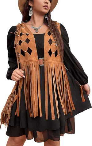 WDIRARA Women's Plus Size Cut Out Tassel Hem Vest Faux Suede Sleeveless Jacket Cardigan