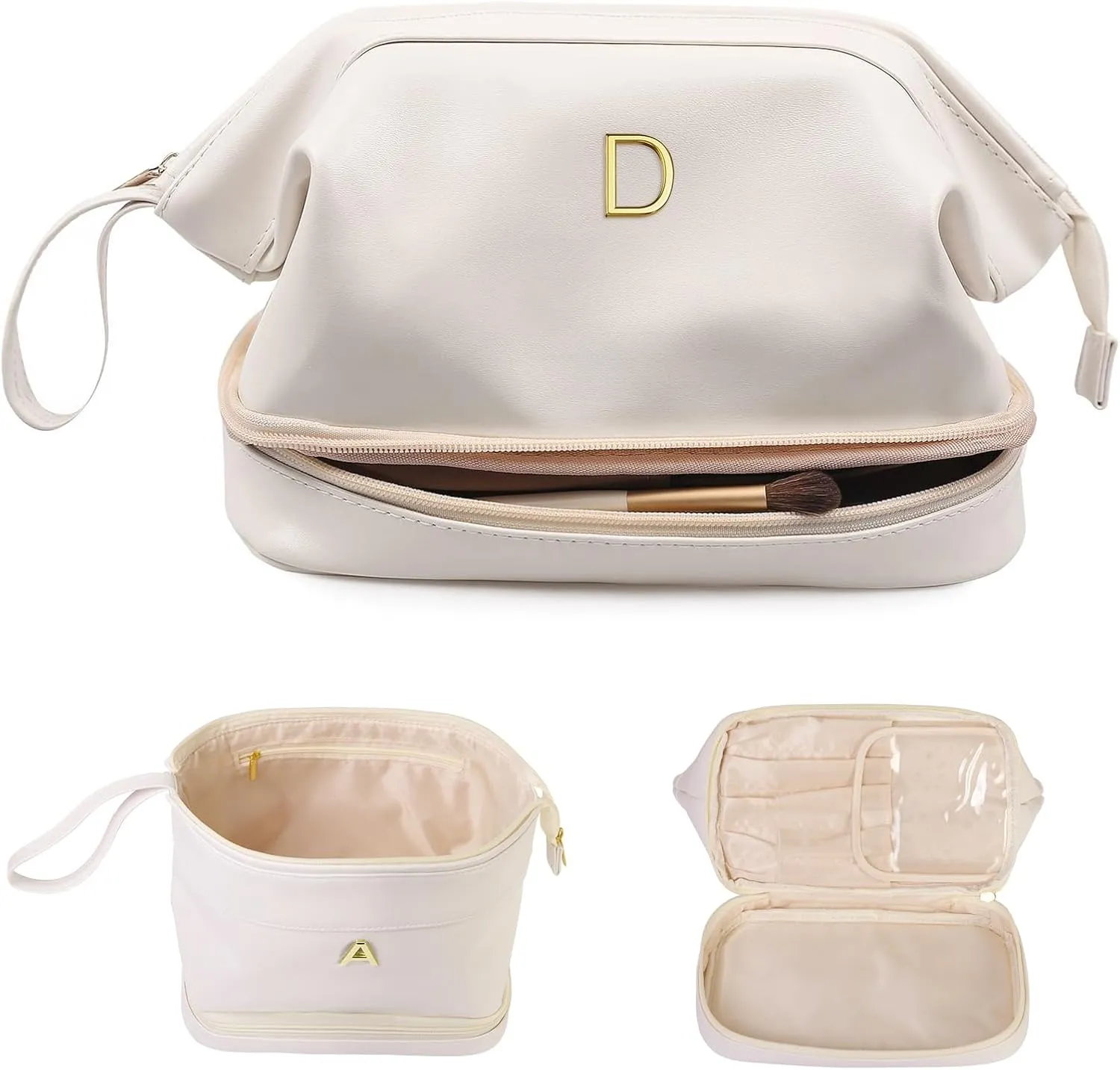 Wedding Gift Initial Makeup Bag, Personalized Double Layer Cosmetic Bag with Makeup Brush Organizer, Waterproof, Large Capacity PU Leather Travel Toiletry Bag Retirement Gifts, Daughter Gifts