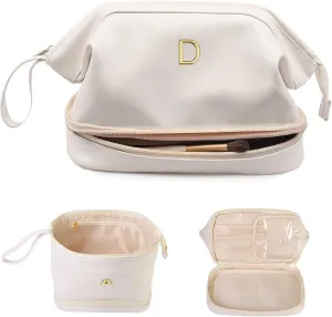 Wedding Gift Initial Makeup Bag, Personalized Double Layer Cosmetic Bag with Makeup Brush Organizer, Waterproof, Large Capacity PU Leather Travel Toiletry Bag Retirement Gifts, Daughter Gifts