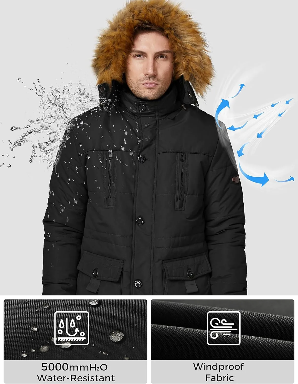 WenVen Men's Winter Coat Warm Parka Jacket with Faux Fur Removable Hood