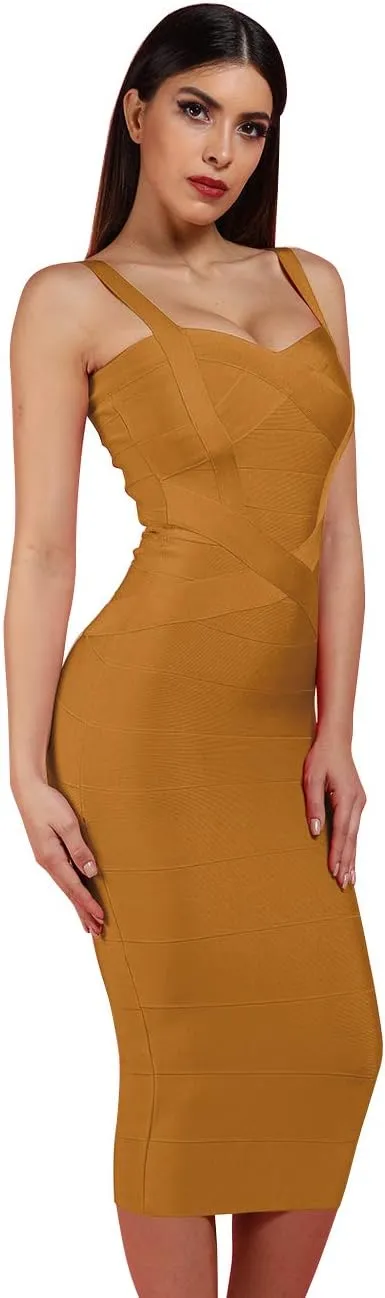 Whoinshop Women's Rayon Strap Celebrity Midi Evening Party Bandage Dress