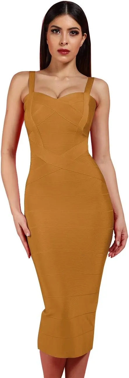 Whoinshop Women's Rayon Strap Celebrity Midi Evening Party Bandage Dress