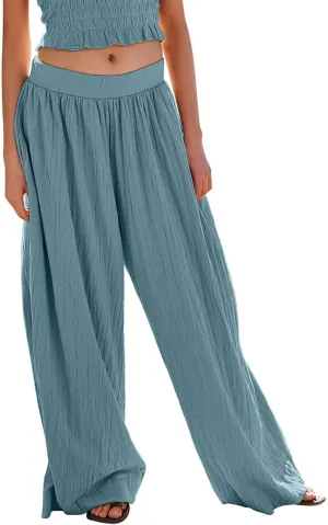 Wide Leg Palazzo Pants for Women Summer Flowy Baggy Beach Pant Elastic Waist Solid Color Lounge Pants with Pockets