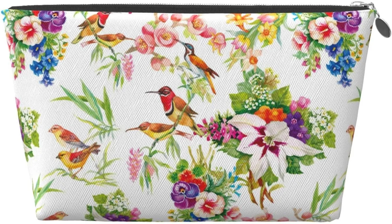 Wild Exotic Birds And Flowers Makeup Bag Travel Toiletry Bag for Women Leather Waterproof Portable Pouch Bag Large Capacity Zipper Makeup Skincare Pouch Organizer