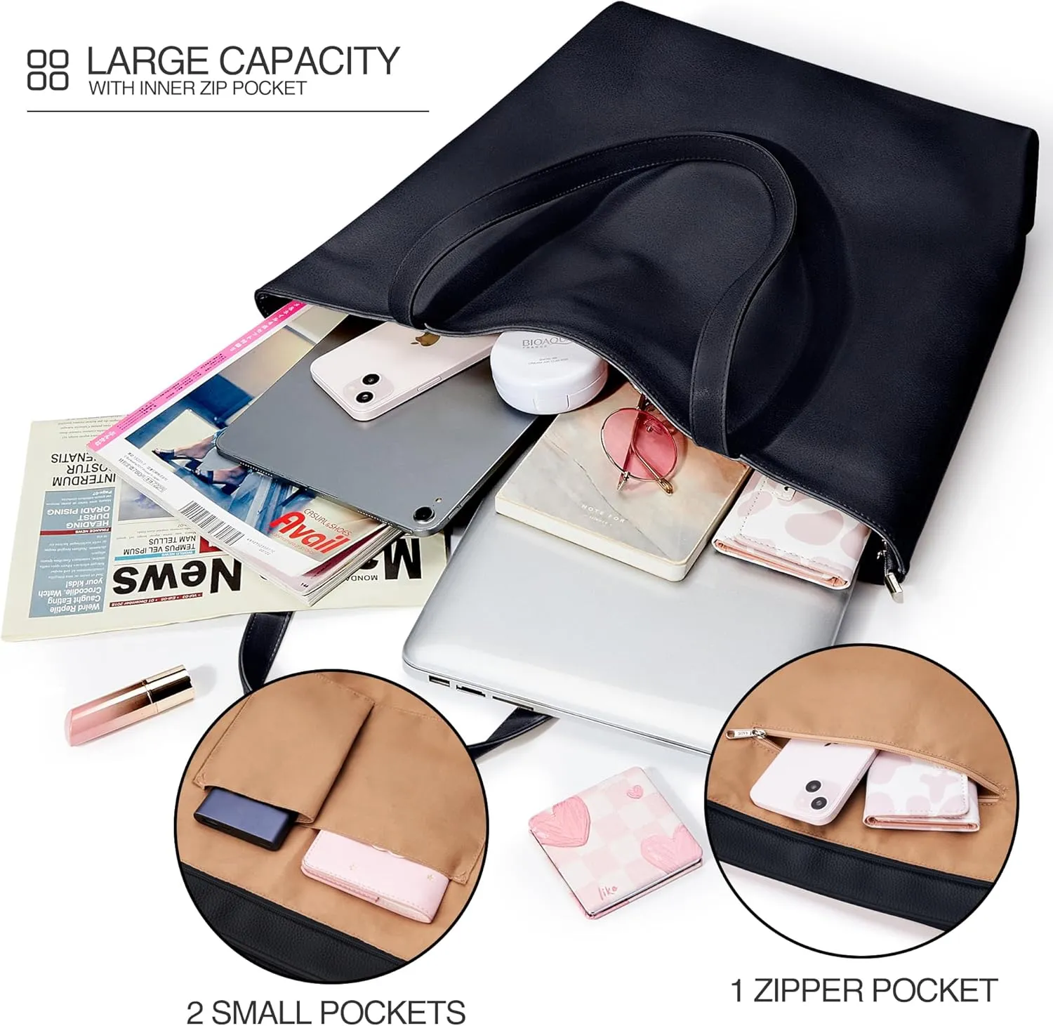 WLLWOO WLLWOO Soft PU Leather Tote Bag for Women Large Casual Hobo Handbags with Zipper Shoulder Work Bag Travel Purse