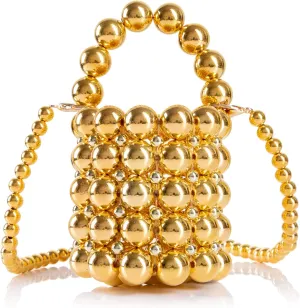 Women Beaded Evening Bucket Bag Small Lipstick Handbag Velvet Lining with Detachable Chain for Wedding Party