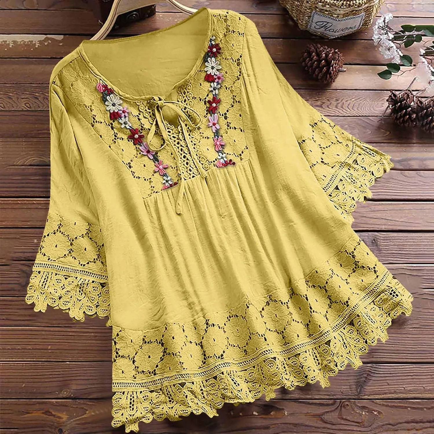 Women Cotton Linen Embroidered Tops Loose Fit Tunic 3/4 Sleeve Summer Blouse Shirts Boho Peasant Trendy Clothes 2024