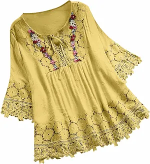 Women Cotton Linen Embroidered Tops Loose Fit Tunic 3/4 Sleeve Summer Blouse Shirts Boho Peasant Trendy Clothes 2024