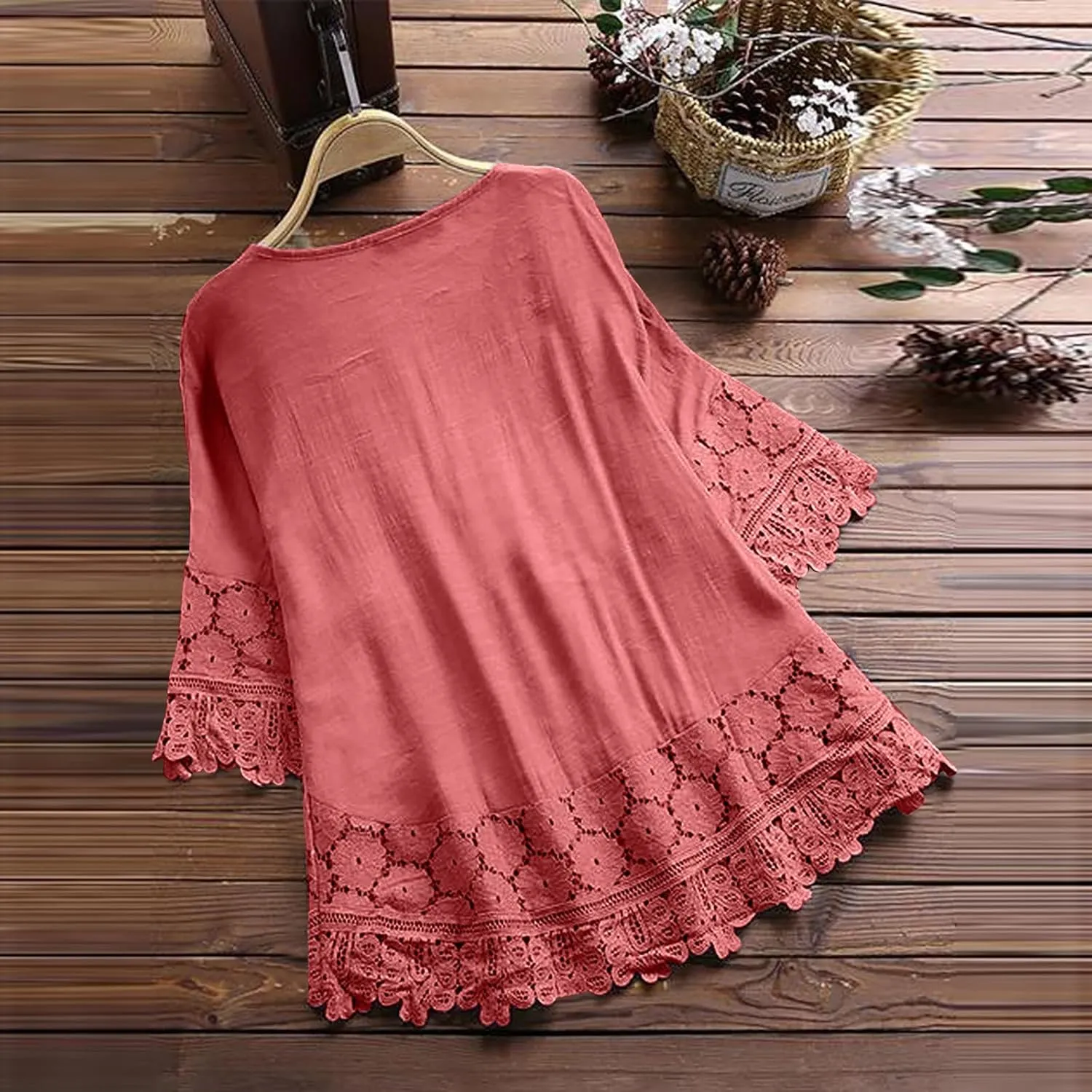 Women Cotton Linen Embroidered Tops Loose Fit Tunic 3/4 Sleeve Summer Blouse Shirts Boho Peasant Trendy Clothes 2024
