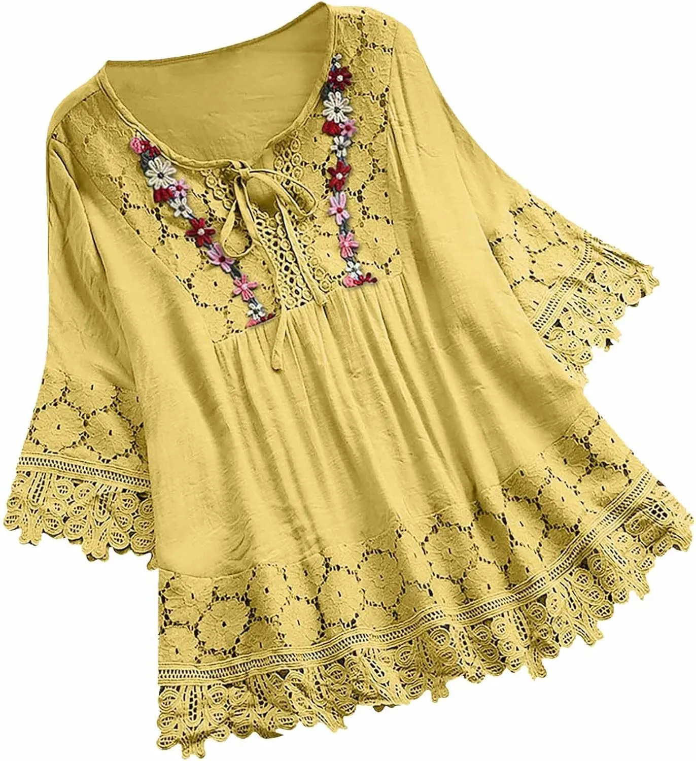 Women Cotton Linen Embroidered Tops Loose Fit Tunic 3/4 Sleeve Summer Blouse Shirts Boho Peasant Trendy Clothes 2024