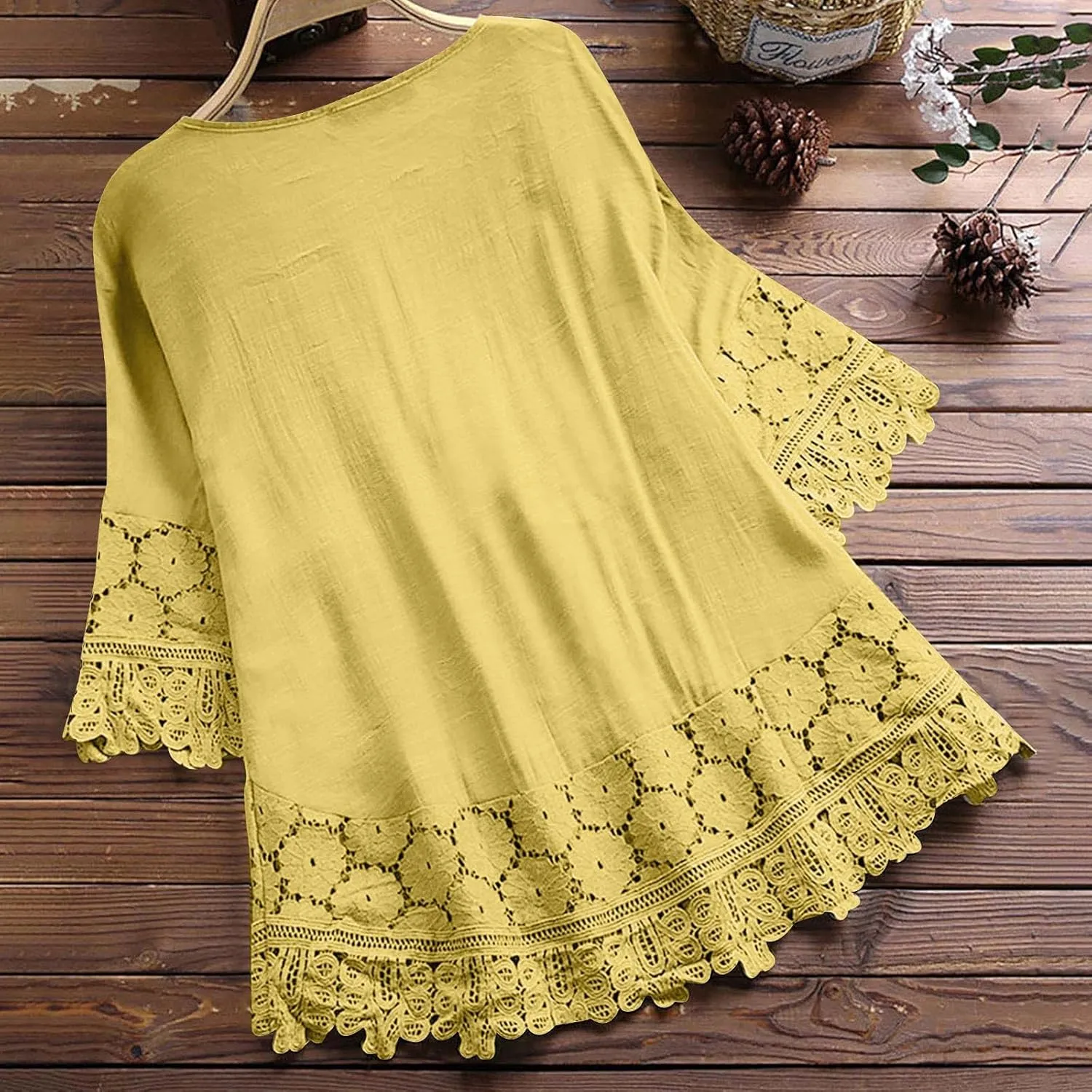 Women Cotton Linen Embroidered Tops Loose Fit Tunic 3/4 Sleeve Summer Blouse Shirts Boho Peasant Trendy Clothes 2024