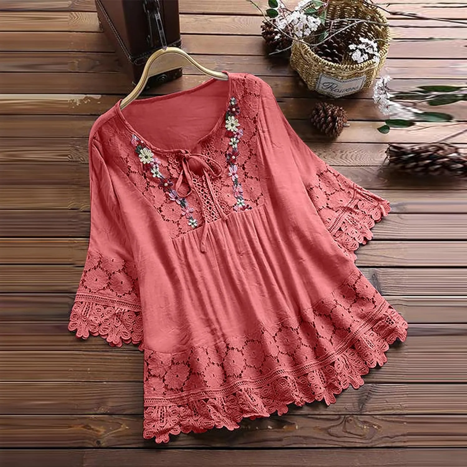 Women Cotton Linen Embroidered Tops Loose Fit Tunic 3/4 Sleeve Summer Blouse Shirts Boho Peasant Trendy Clothes 2024