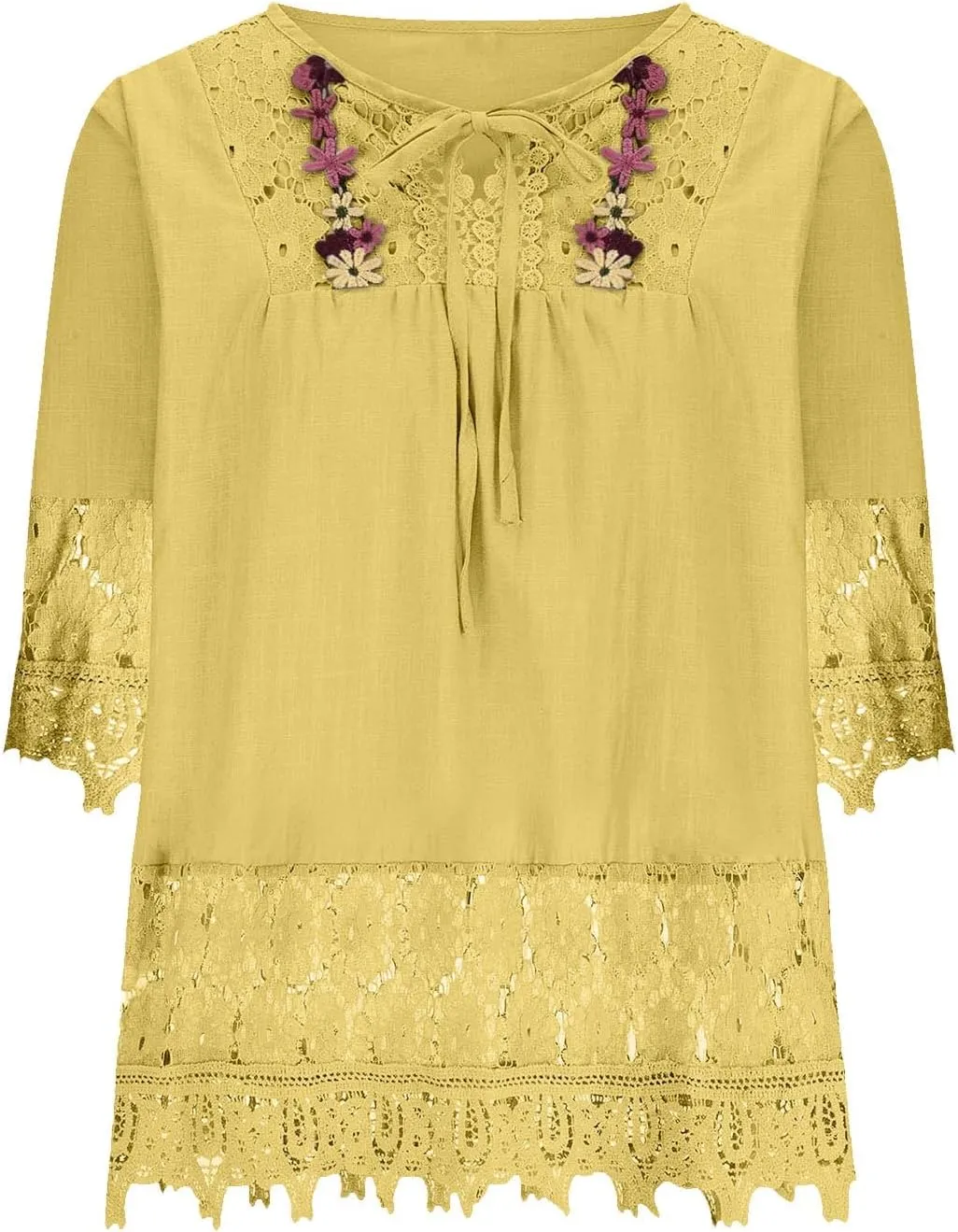 Women Cotton Linen Embroidered Tops Loose Fit Tunic 3/4 Sleeve Summer Blouse Shirts Boho Peasant Trendy Clothes 2024