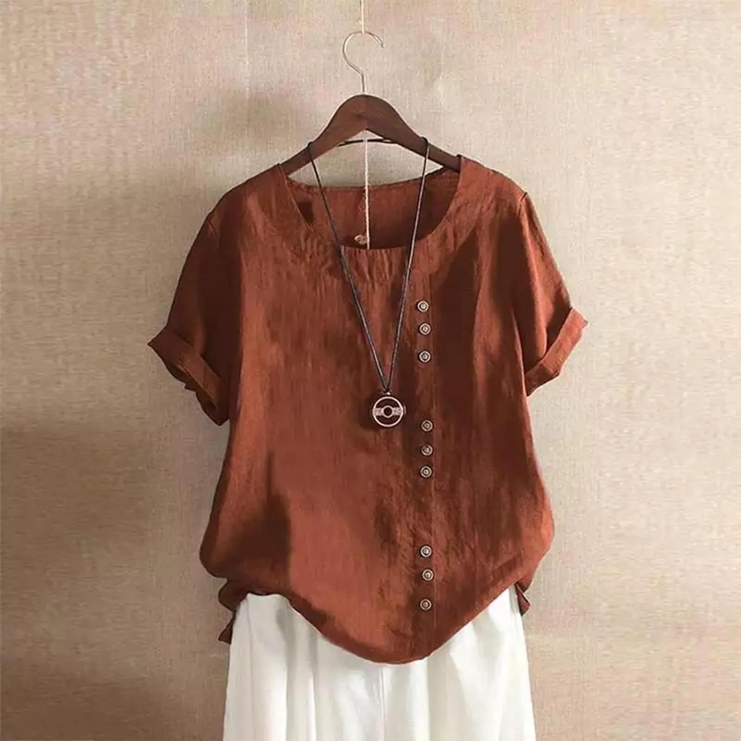 Women Cotton Linen Short Sleeve Shirts Summer Boho Floral Print Blouses Casual Button Loose Tunic Tops