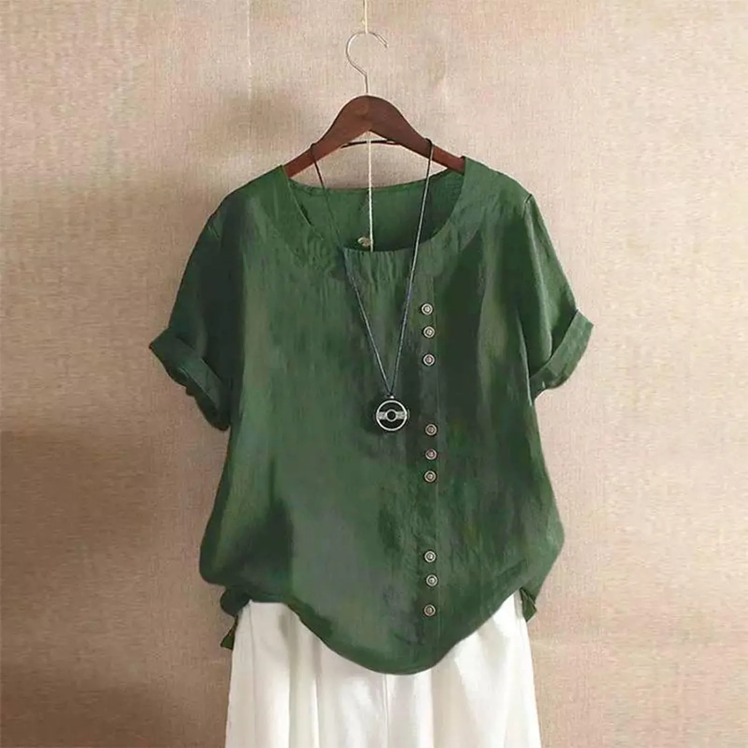Women Cotton Linen Short Sleeve Shirts Summer Boho Floral Print Blouses Casual Button Loose Tunic Tops