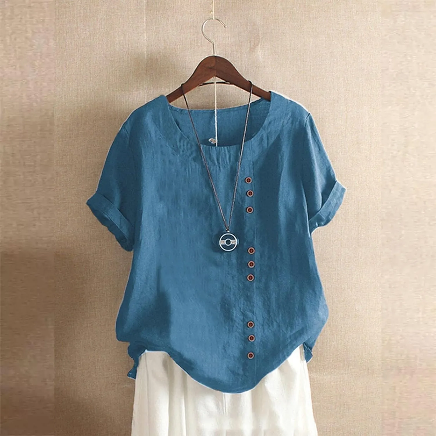 Women Cotton Linen Short Sleeve Shirts Summer Boho Floral Print Blouses Casual Button Loose Tunic Tops
