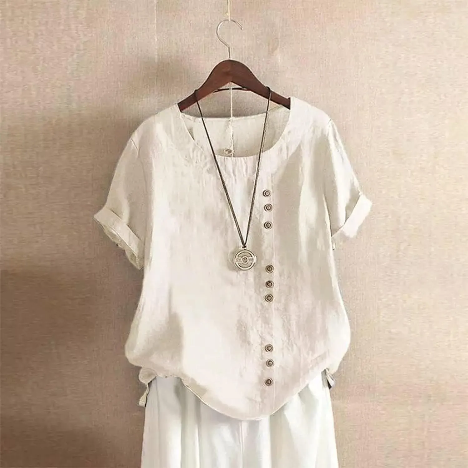 Women Cotton Linen Short Sleeve Shirts Summer Boho Floral Print Blouses Casual Button Loose Tunic Tops