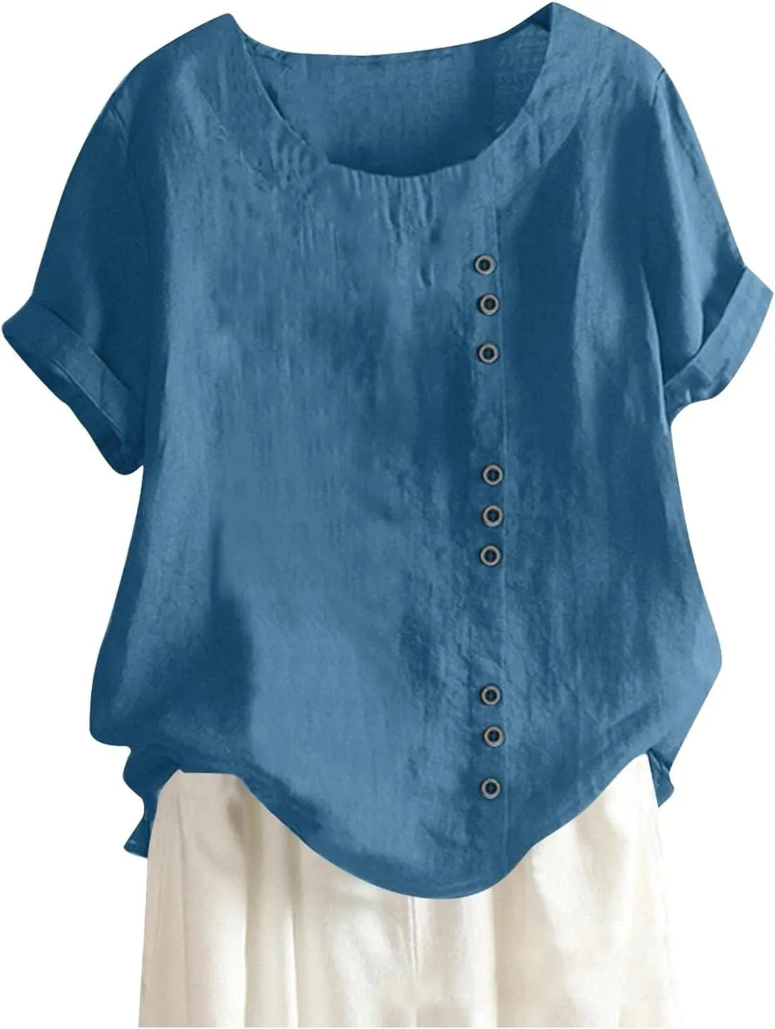Women Cotton Linen Short Sleeve Shirts Summer Boho Floral Print Blouses Casual Button Loose Tunic Tops