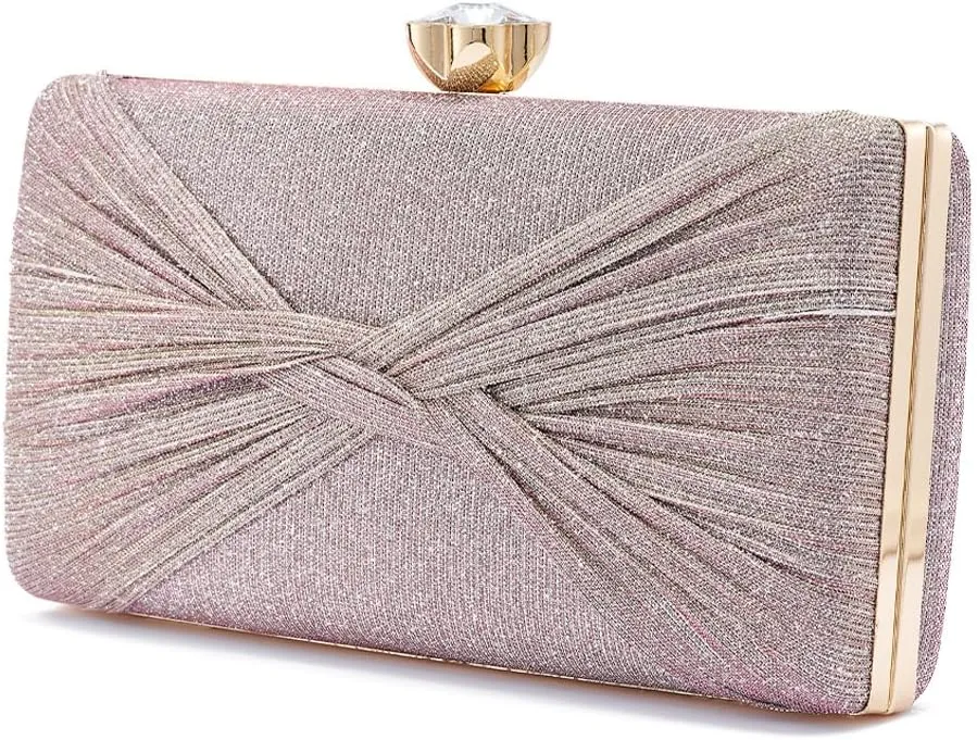Women Dazzling Pleated Evening Clutch Bag Glitter Pleated Bow Handbag Wedding Purse Party Bag Formal Clutches