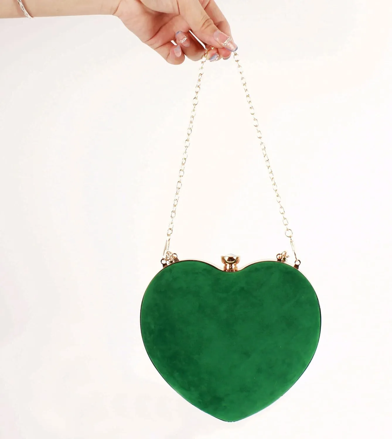 Women Exquisite Heart Shape Evening Clutch Velvet Leather Tote Handbag Chain Party Shoulder Crossbody Red