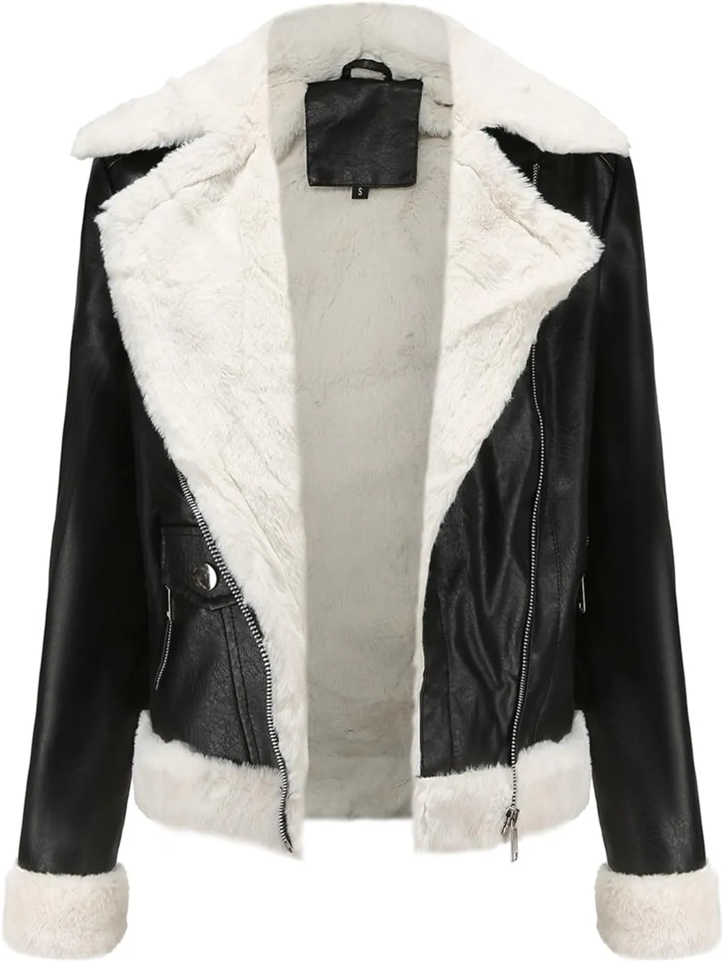 Women Faux Leather Jacket, Cropped Bomber Aviator Coat, Winter Women Faux Lamb Fur Leather Short Jacket