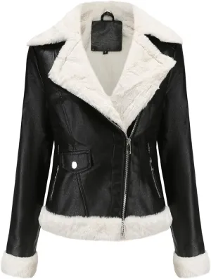 Women Faux Leather Jacket, Cropped Bomber Aviator Coat, Winter Women Faux Lamb Fur Leather Short Jacket