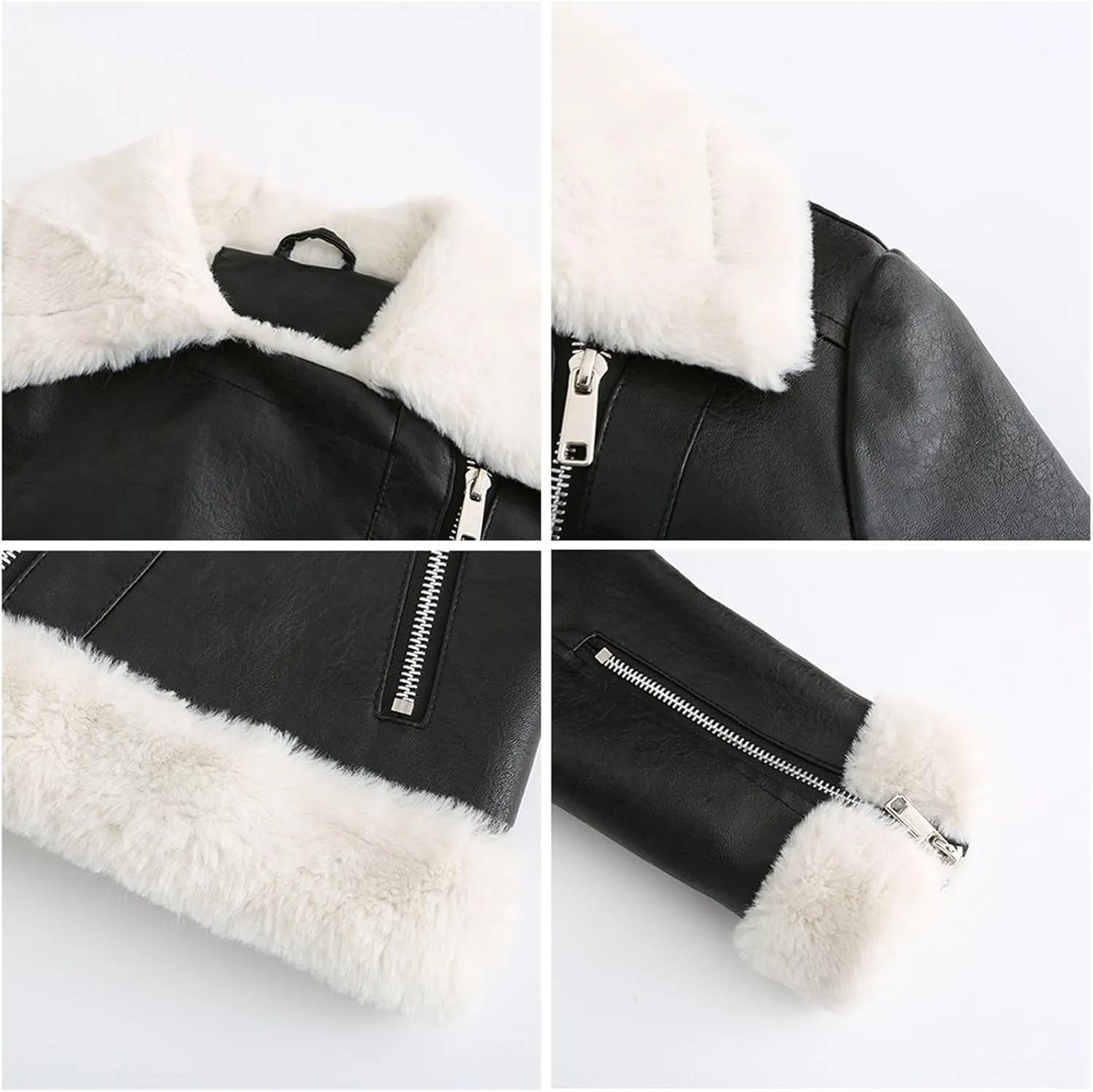 Women Faux Leather Jacket, Cropped Bomber Aviator Coat, Winter Women Faux Lamb Fur Leather Short Jacket
