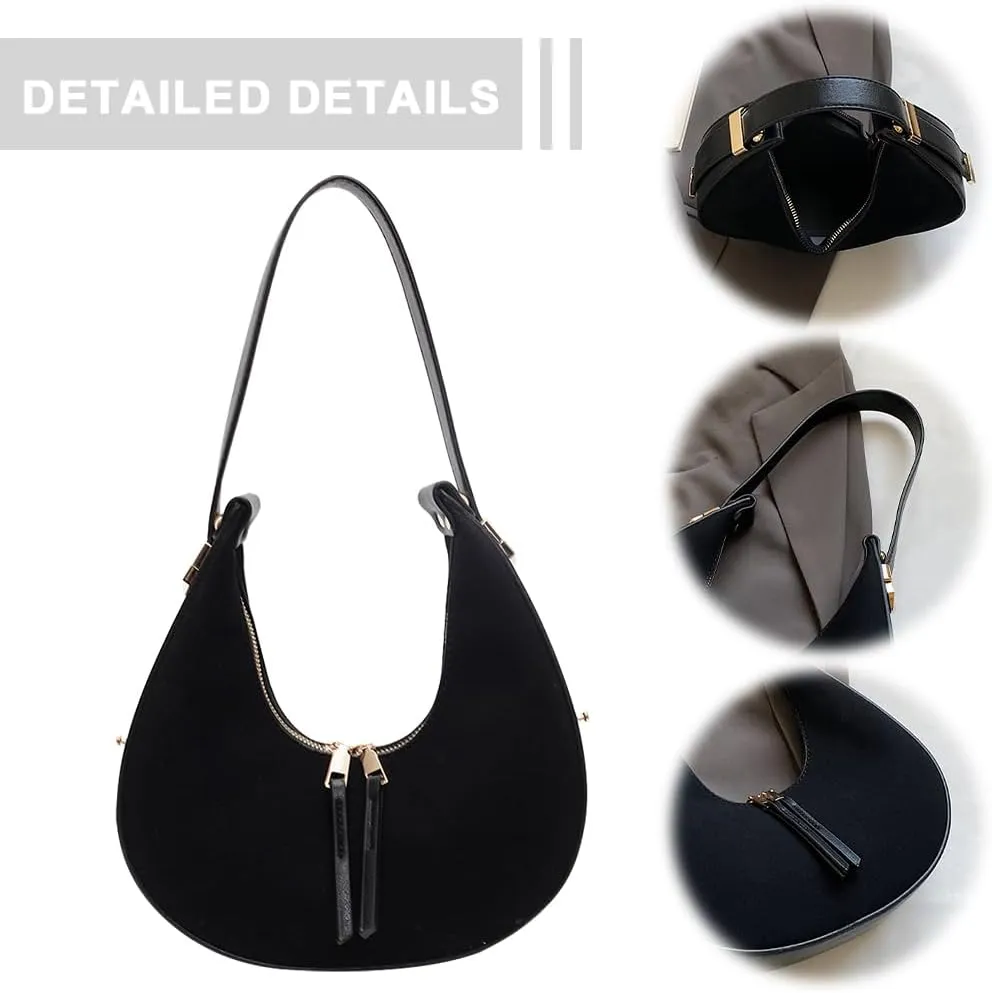Women Faux Suede Shoulder Bag Fashion Underarm Bag Large Capacity Elegant Shoulder Purse Zip Closure Vintage Commuti