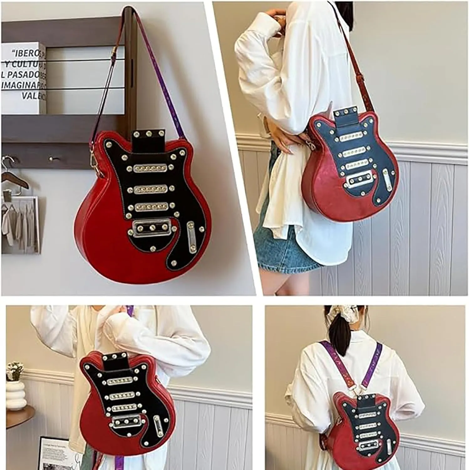 Women Guitar Shaped Backpack Unique Crossbody Shoulder Bag PU Leather Novelty Guitar Purse