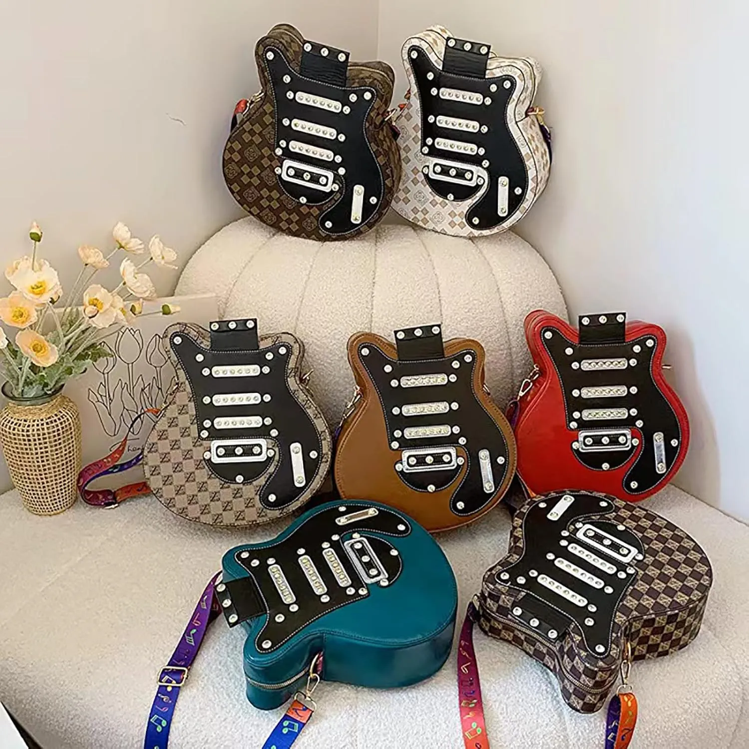 Women Guitar Shaped Backpack Unique Crossbody Shoulder Bag PU Leather Novelty Guitar Purse