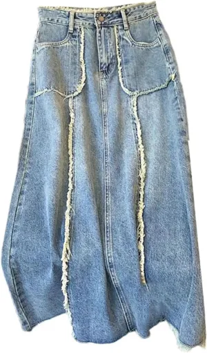 Women High Waist Denim Skirt Tassel Distressed Frayed Hem Spring Summer A-Line Midi Jean Skirt