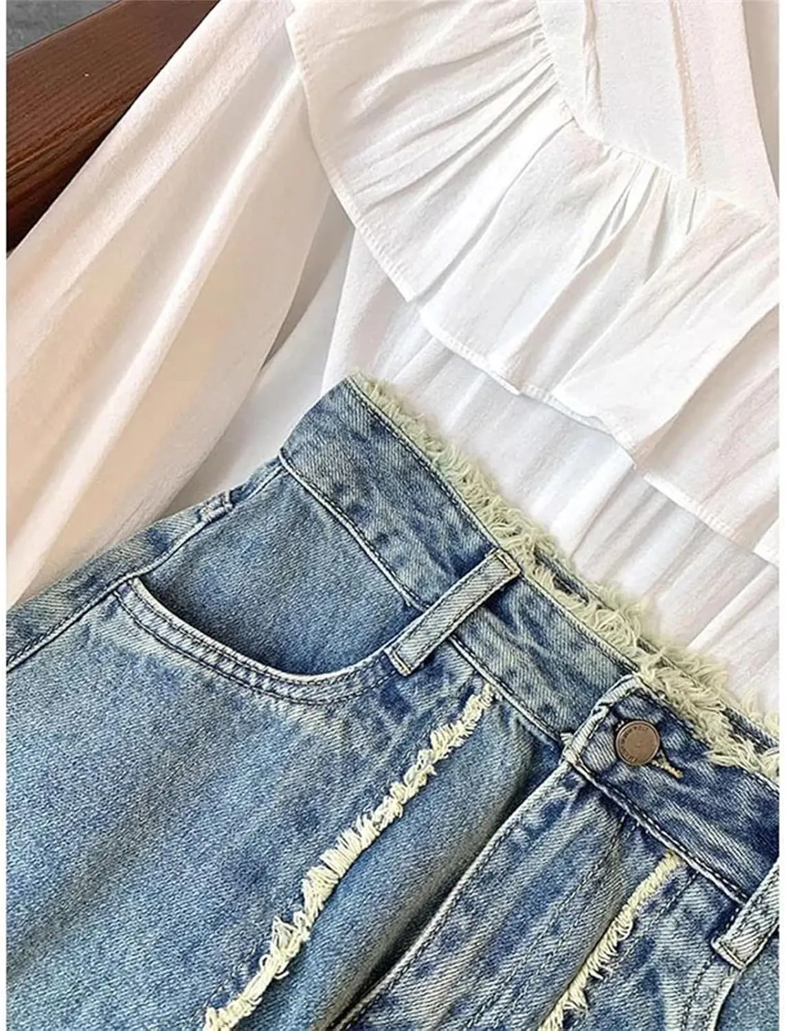 Women High Waist Denim Skirt Tassel Distressed Frayed Hem Spring Summer A-Line Midi Jean Skirt