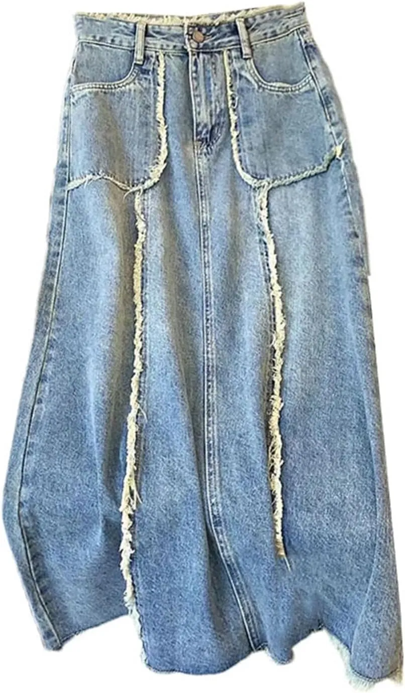 Women High Waist Denim Skirt Tassel Distressed Frayed Hem Spring Summer A-Line Midi Jean Skirt