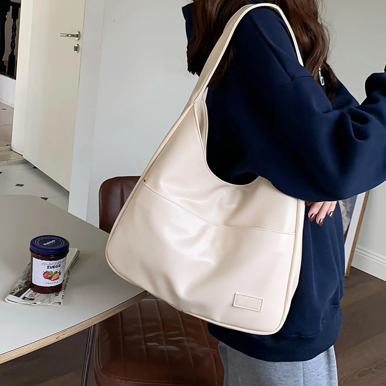 Women Hobo Bag Faux Leather Tote Bag Stylish Large Capacity Shoulder Bag Hobo Handbag for Work Travel (Black)