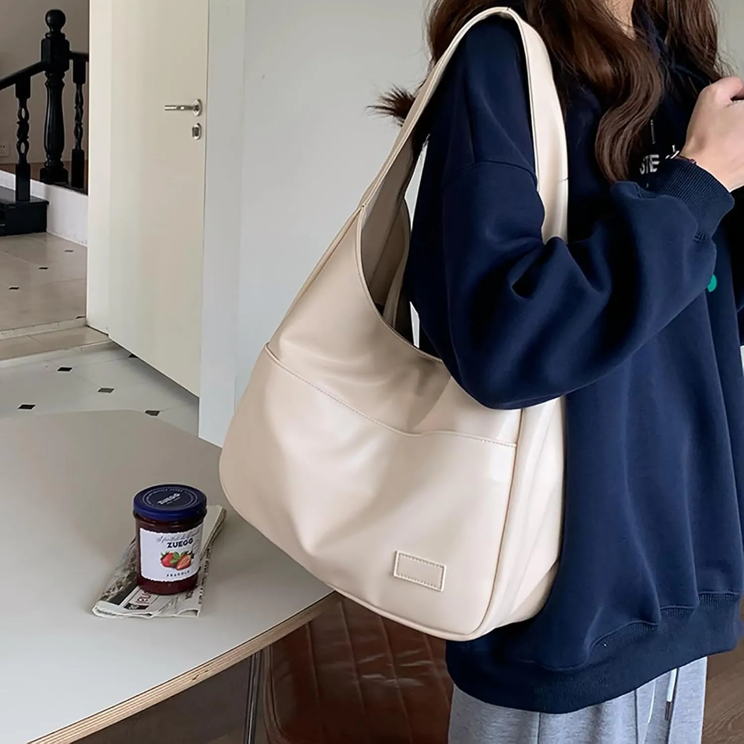 Women Hobo Bag Faux Leather Tote Bag Stylish Large Capacity Shoulder Bag Hobo Handbag for Work Travel (Black)