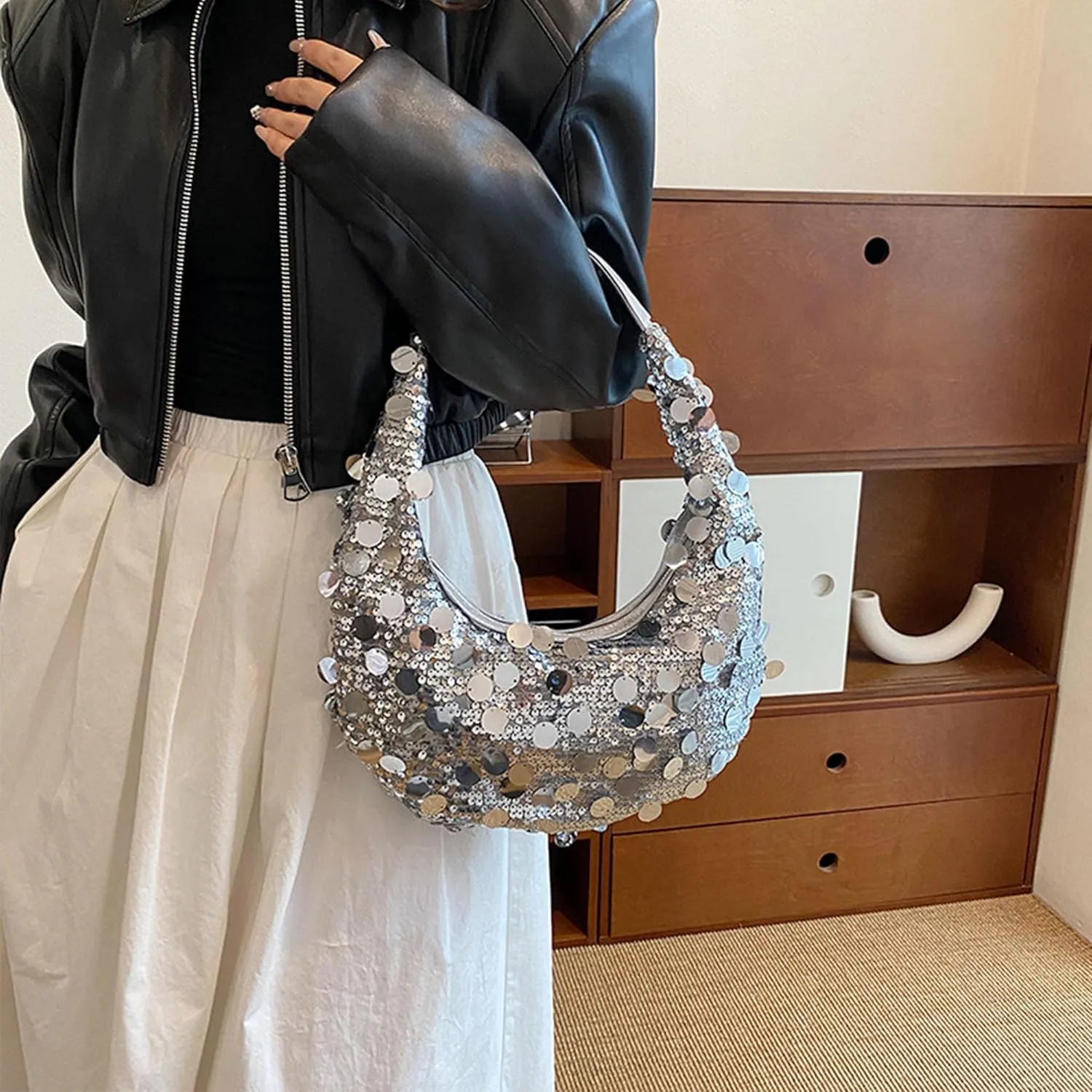 Women Hobo Handbags Sparkly Sequins Underarm Bag Y2k Shiny Evening Clutch PU Leather Crescent Moon Underarm Bag